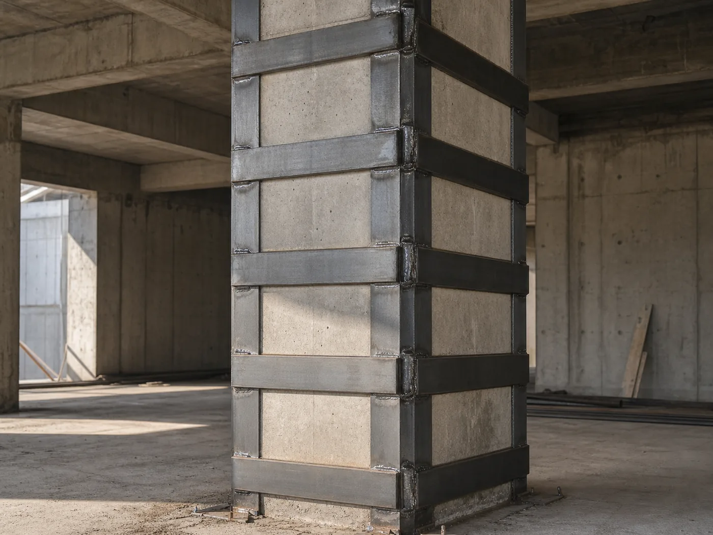 Betonarme kolonun çelik sargı (çelik köşebent + şerit) ile güçlendirilmesi